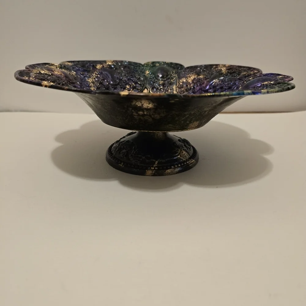 HANDCRAFTED Upcycled Silver Plated Stemmed Dish HANDPAINTED Centerpiece Art